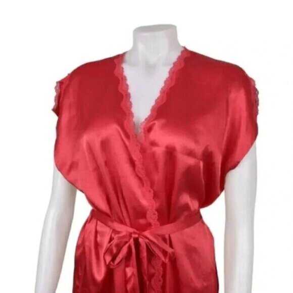 Victoria's Secret  Red Satin Robe Short Sleeve Lace Trim Short Size Medium - Picture 3 of 9